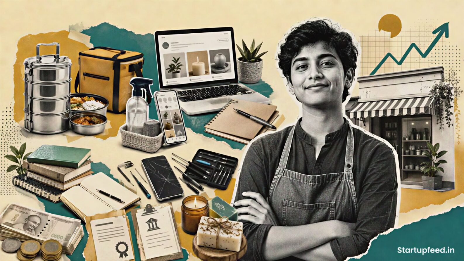 Business ideas under 1 Lakh in India shown with tiffin, tutoring, repair and home-service startup elements