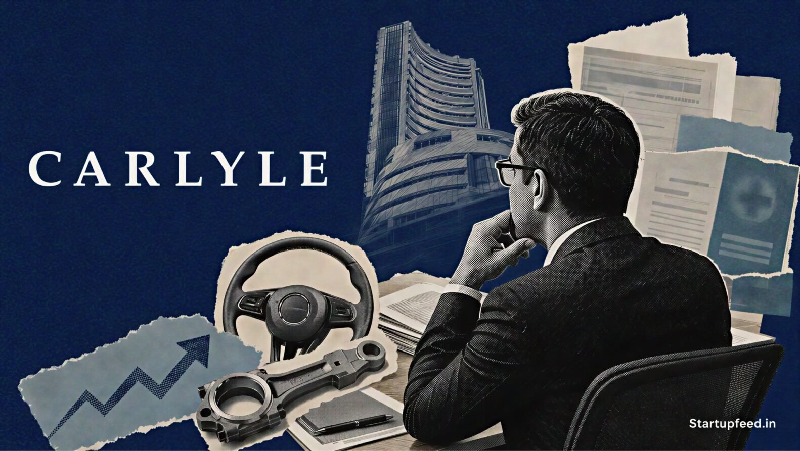 Carlyle India IPO editorial collage with Carlyle logo, Indian stock-exchange building, auto engineering parts and healthcare billing documents