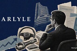 Carlyle India IPO editorial collage with Carlyle logo, Indian stock-exchange building, auto engineering parts and healthcare billing documents