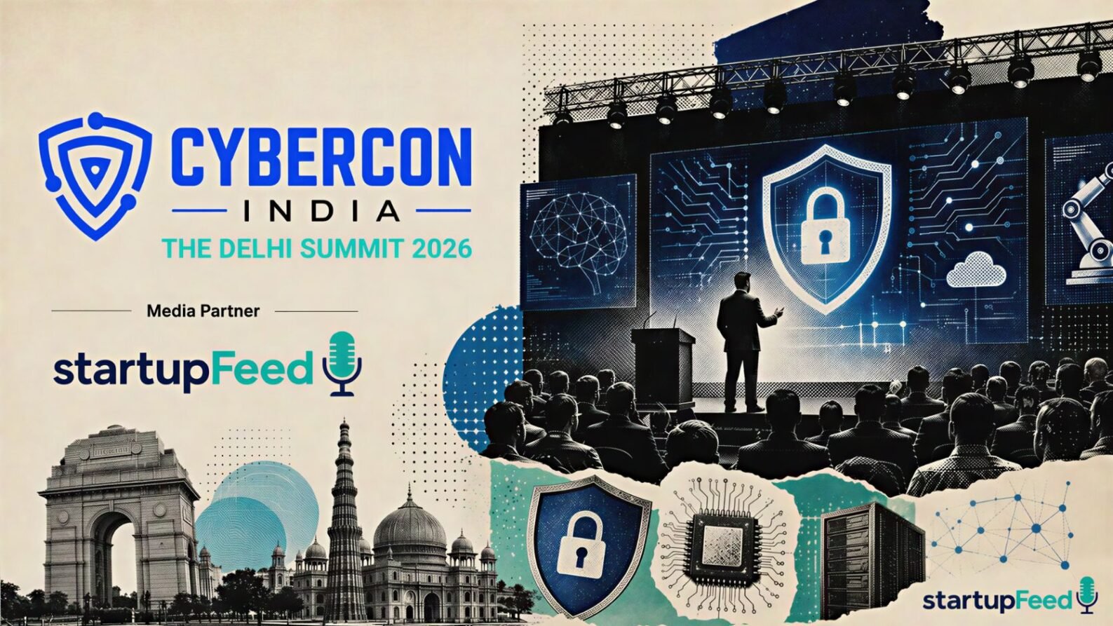 CyberCon India 2026 event scene with CyberCon logo, AI and cybersecurity visuals, and Delhi conference setting