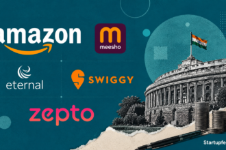 The Digital Commerce Coalition launches in India as Amazon, Meesho, Eternal, Swiggy, and Zepto unite logos on a teal editorial policy collage.