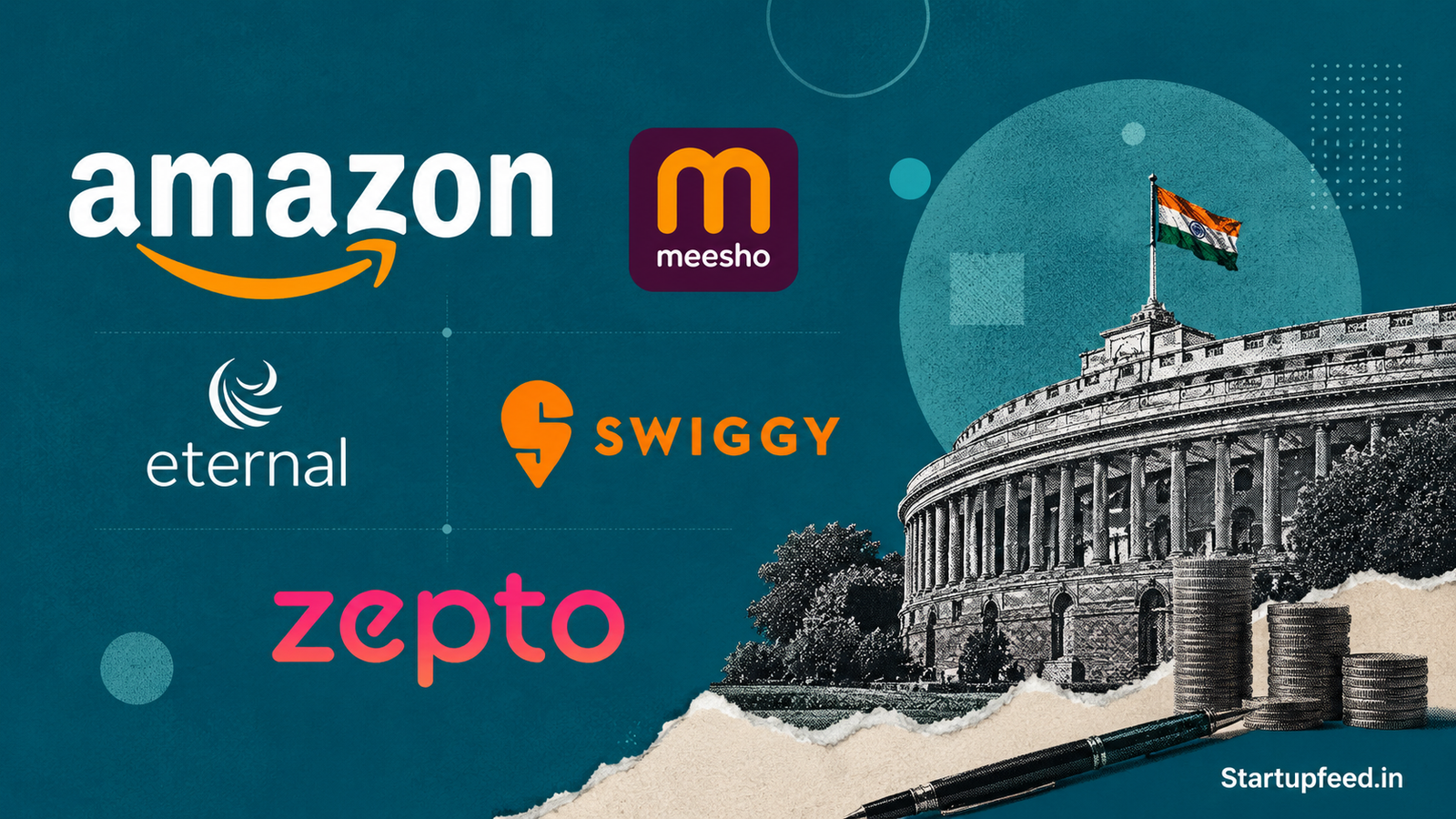 The Digital Commerce Coalition launches in India as Amazon, Meesho, Eternal, Swiggy, and Zepto unite logos on a teal editorial policy collage.