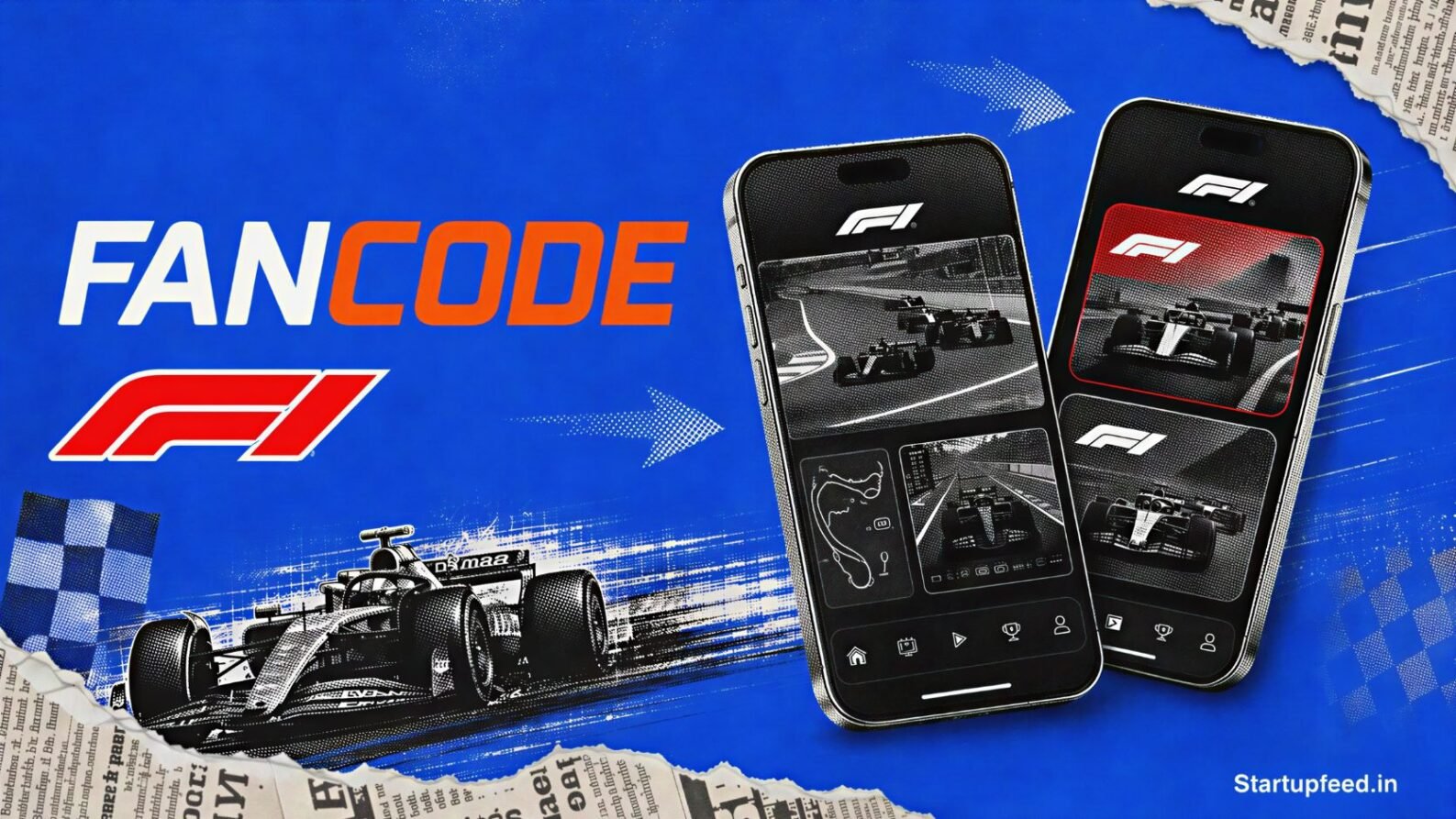 FanCode Bags Bold F1 India broadcast rights visual with FanCode and Formula 1 logos, race car silhouette, and premium streaming elements