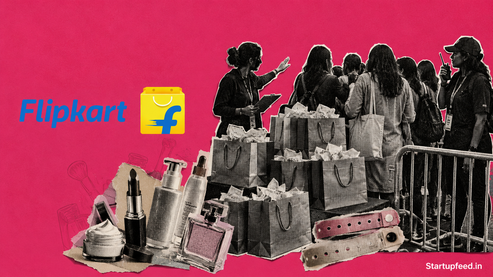 Flipkart Glam Up Fest crowd scene with creator silhouettes, beauty products and gift hampers at the Delhi event