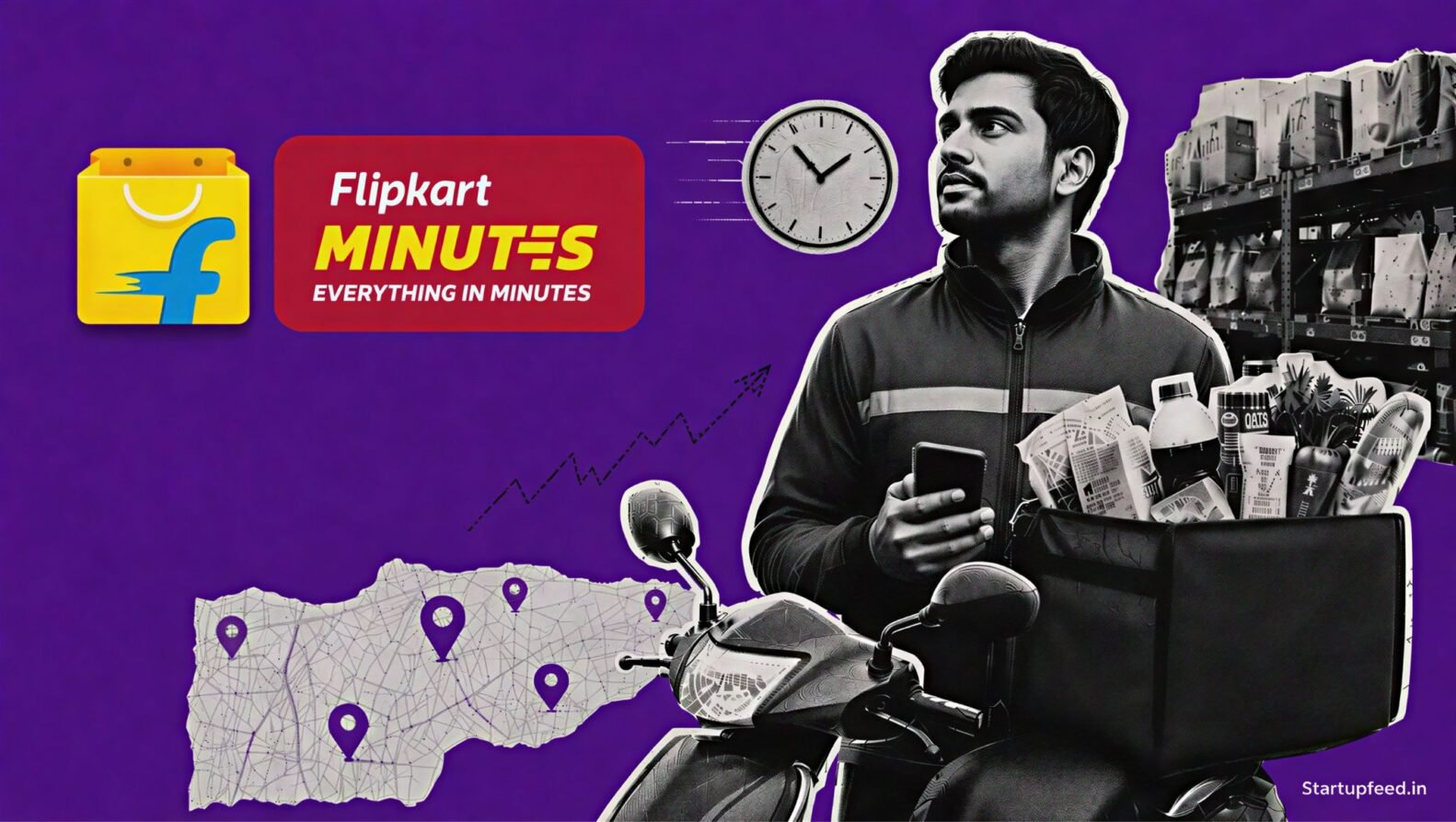 Flipkart Minutes expansion visual with its official logo, a delivery scooter, clock motif and nationwide micro-fulfilment network