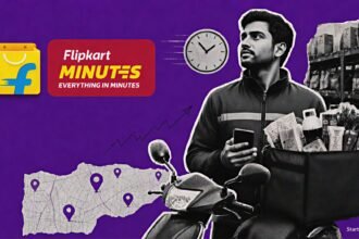 Flipkart Minutes expansion visual with its official logo, a delivery scooter, clock motif and nationwide micro-fulfilment network
