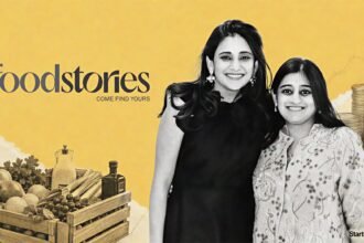 Foodstories funding visual with founders Ashni and Avni Biyani, the brand logo and premium grocery displays after the Rs 50 Cr round