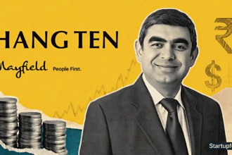 Vishal Sikka AI Startup founder beside Hang Ten Systems and Mayfield logos after the $32 Mn seed round