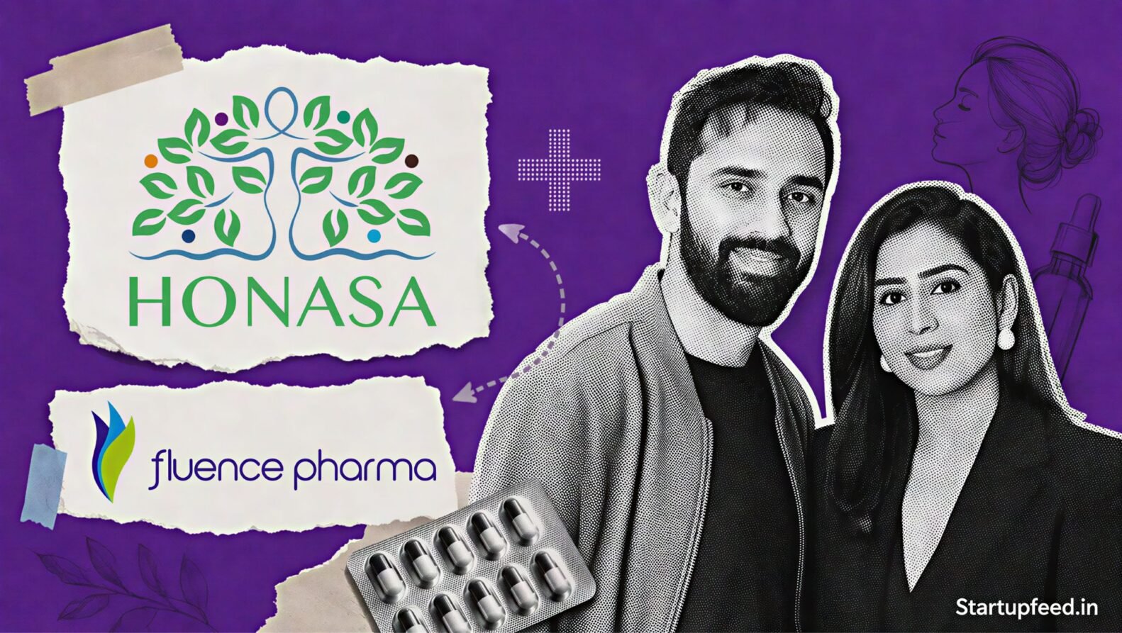 Honasa Buys 58% Fluence Pharma in an editorial collage featuring Varun Alagh, official company logos and skin-health supplement motifs