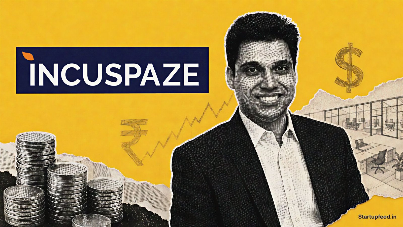 Incuspaze funding scene with founder Sanjay Choudhary, official company logo, stacked coins and Bharat Value Fund backing