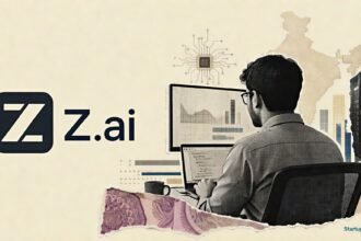 India AI Shift visual with a halftone professional, Z.ai logo, rupee-note fragments and circuit motifs representing cheaper open models