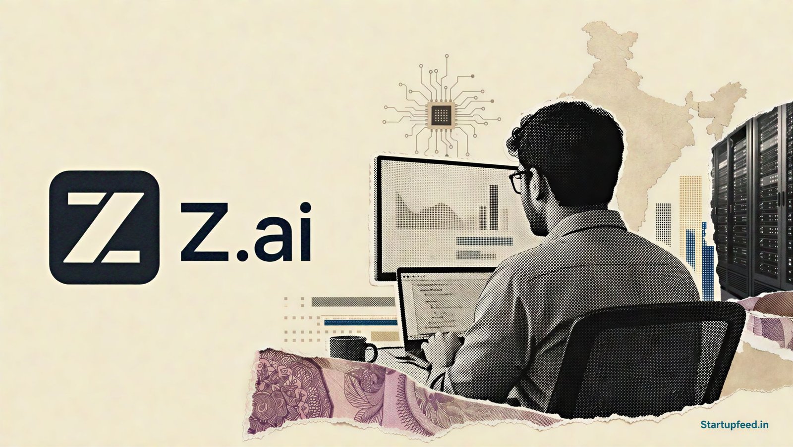 India AI Shift visual with a halftone professional, Z.ai logo, rupee-note fragments and circuit motifs representing cheaper open models