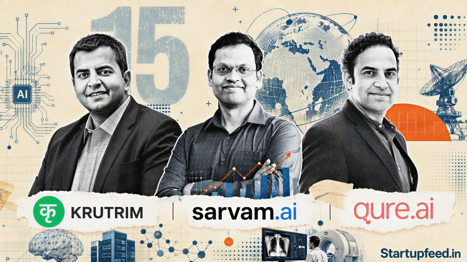 India AI startups 2026 feature: founders of Krutrim, Sarvam AI, and Qure.ai shown in editorial halftone collage highlighting India's top fifteen AI companies.