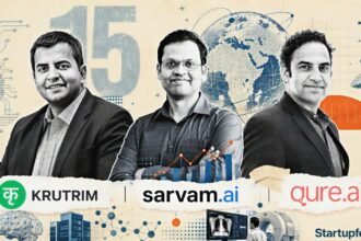 India AI startups 2026 feature: founders of Krutrim, Sarvam AI, and Qure.ai shown in editorial halftone collage highlighting India's top fifteen AI companies.