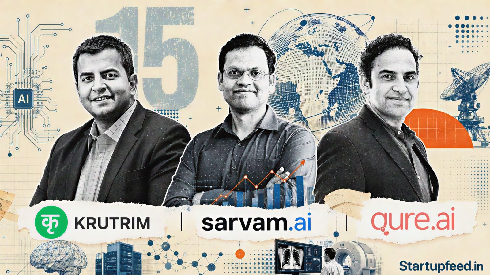 India AI startups 2026 feature: founders of Krutrim, Sarvam AI, and Qure.ai shown in editorial halftone collage highlighting India's top fifteen AI companies.