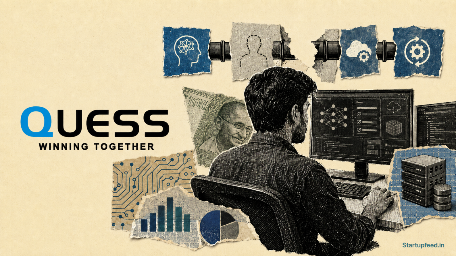 India AI talent gap visualised with a halftone technology professional, Quess Corp logo, circuit fragments and a broken deployment pipeline