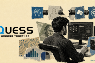 India AI talent gap visualised with a halftone technology professional, Quess Corp logo, circuit fragments and a broken deployment pipeline