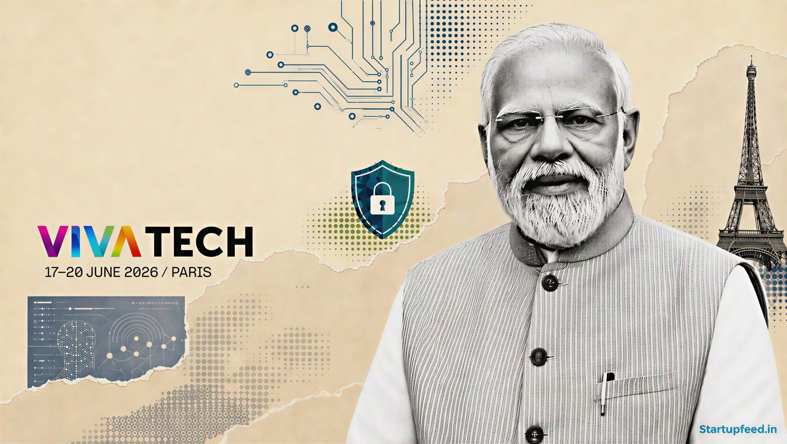 India AI Vision represented by Narendra Modi alongside IndiaAI and VivaTech branding at the Paris technology event