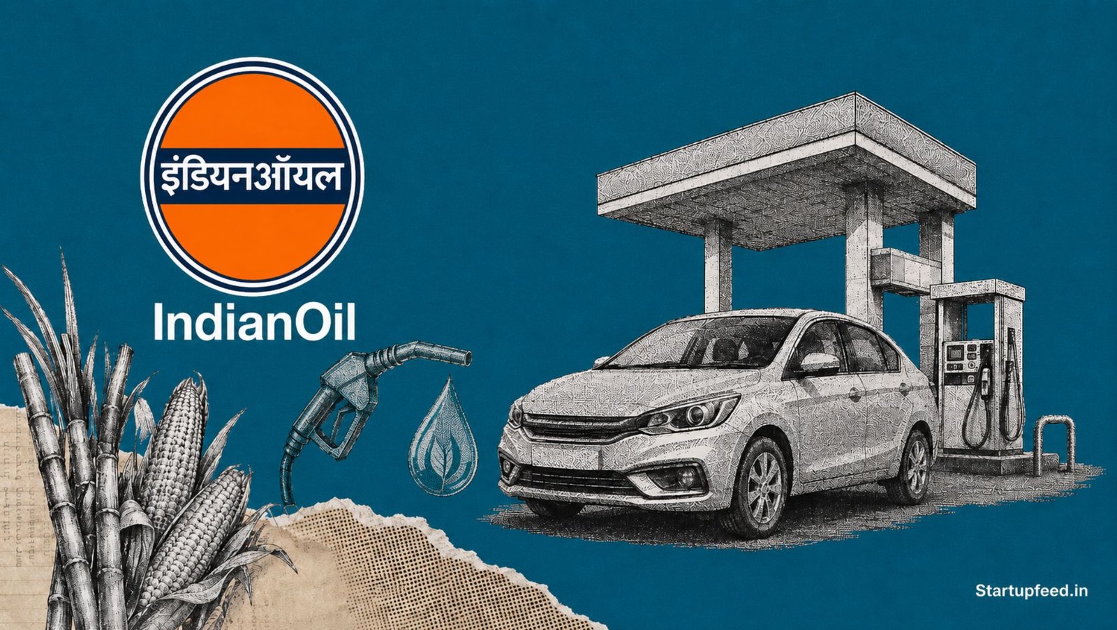India E85 ethanol rollout shown through an IndianOil fuel station collage with a flex-fuel car, sugarcane