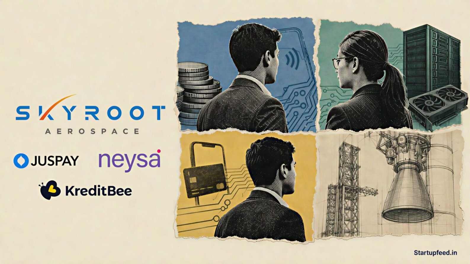 India New Unicorn Tracker collage featuring Juspay, Neysa, KreditBee and Skyroot Aerospace logos with halftone fintech, AI and spacetech scenes
