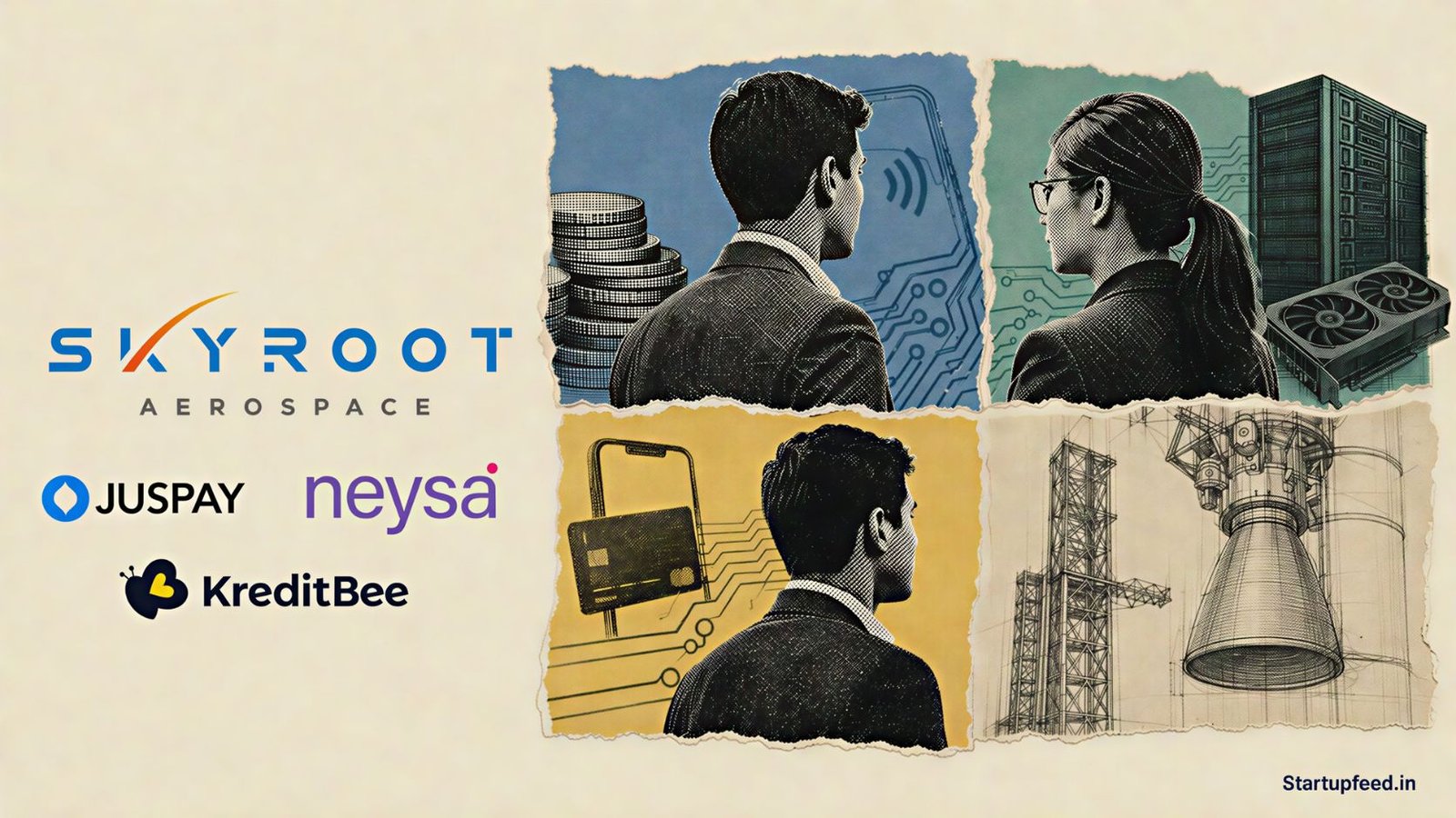 India New Unicorn Tracker collage featuring Juspay, Neysa, KreditBee and Skyroot Aerospace logos with halftone fintech, AI and spacetech scenes