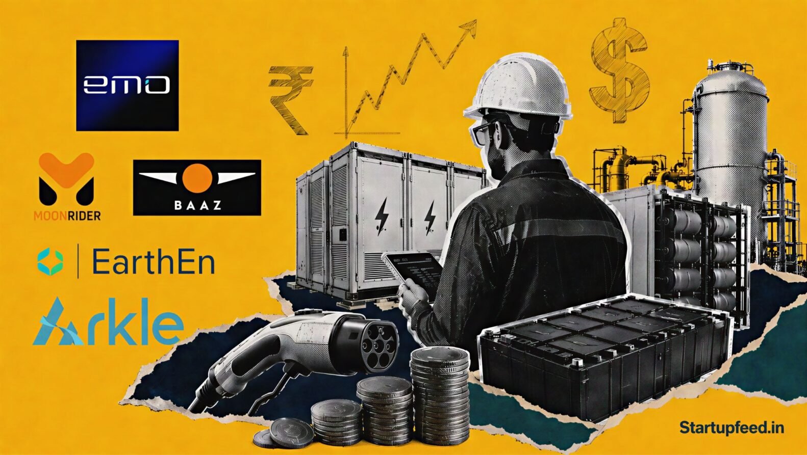 Indian energy storage startups represented by EMO Energy and five peers in a mustard funding collage with batteries and coin motifs