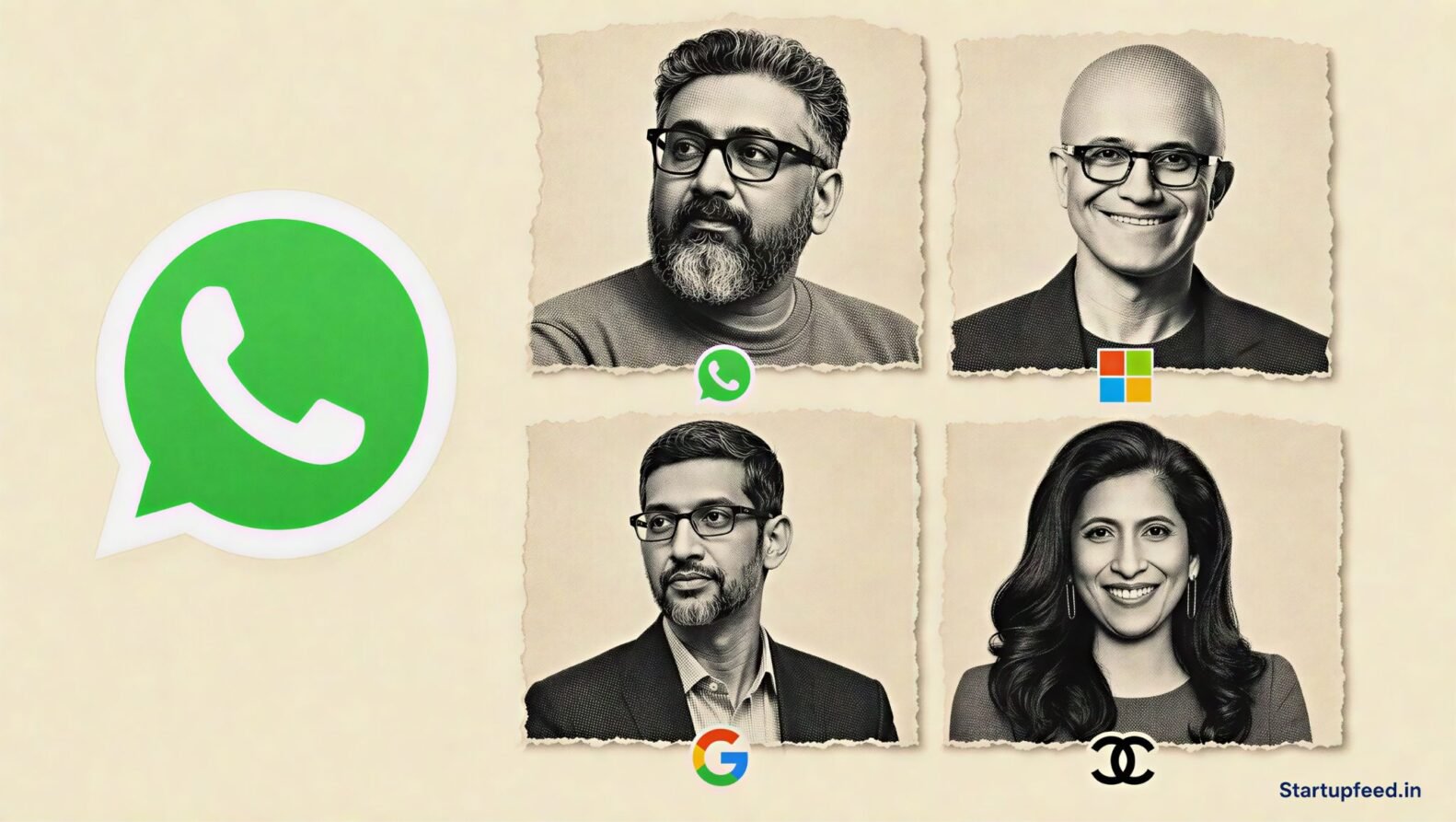 Indian-origin CEOs collage featuring Kunal Shah, Satya Nadella, Sundar Pichai and Leena Nair beside official company logos