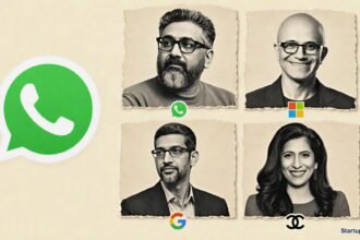 Indian-origin CEOs collage featuring Kunal Shah, Satya Nadella, Sundar Pichai and Leena Nair beside official company logos