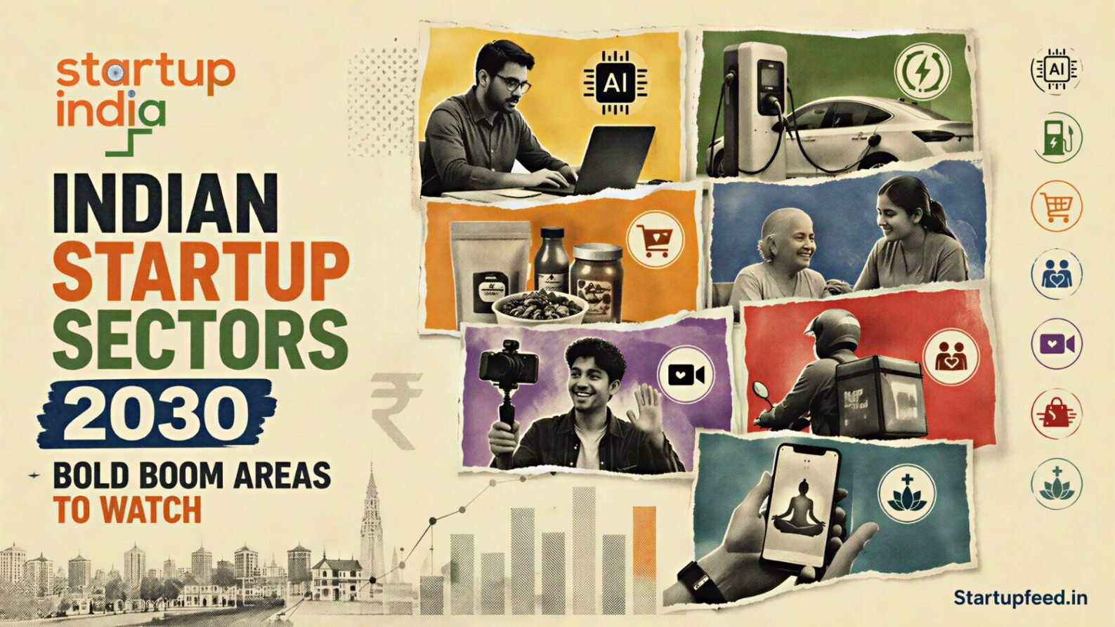Indian Startup Sectors collage with Startup India logo and seven 2030 opportunity themes