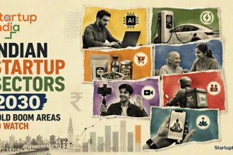 Indian Startup Sectors collage with Startup India logo and seven 2030 opportunity themes