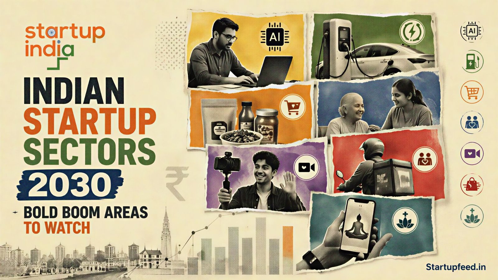 Indian Startup Sectors collage with Startup India logo and seven 2030 opportunity themes