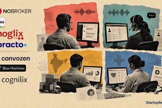 Indian unicorn AI spin-offs represented by NoBroker, Apna, Moglix and Practo logos in a halftone enterprise technology collage