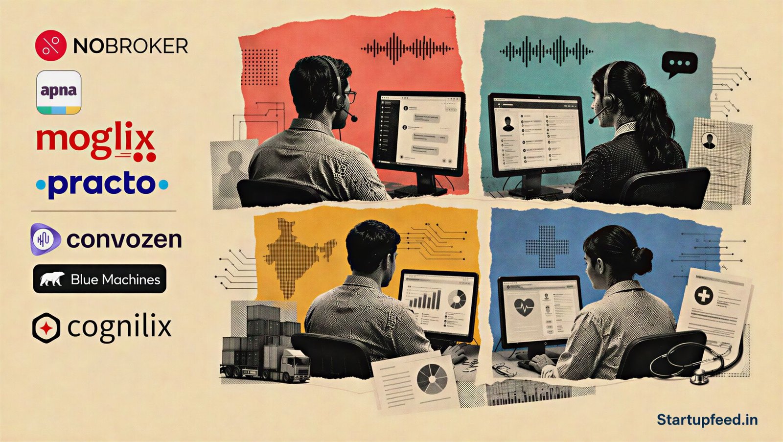 Indian unicorn AI spin-offs represented by NoBroker, Apna, Moglix and Practo logos in a halftone enterprise technology collage