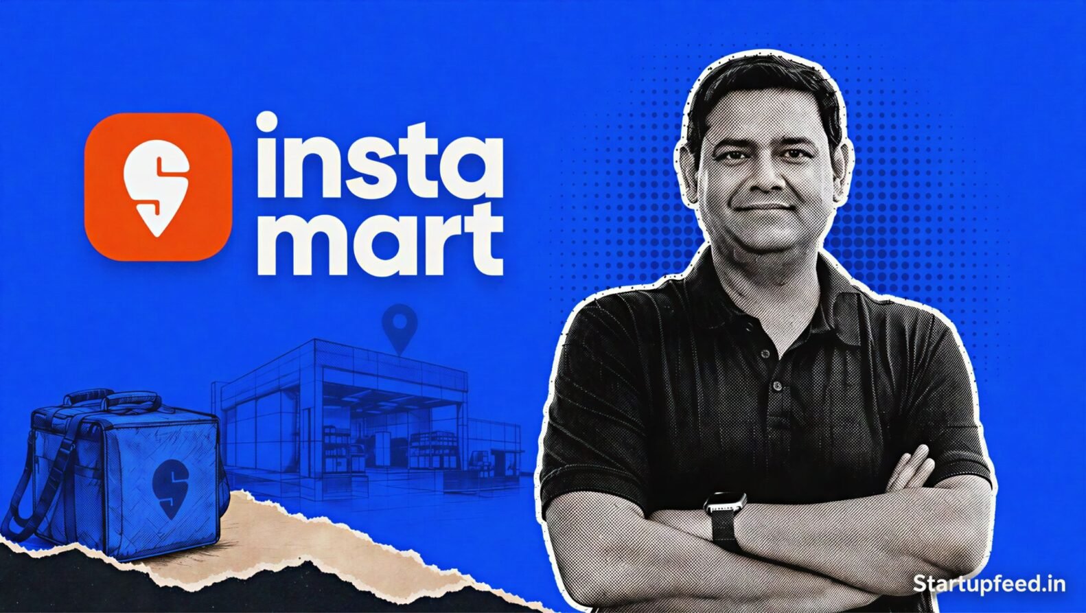Instamart leadership exit visual with the official logo, two departing executive silhouettes and a burnt orange editorial background