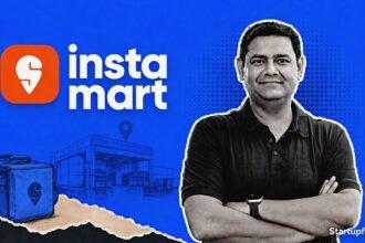 Instamart leadership exit visual with the official logo, two departing executive silhouettes and a burnt orange editorial background