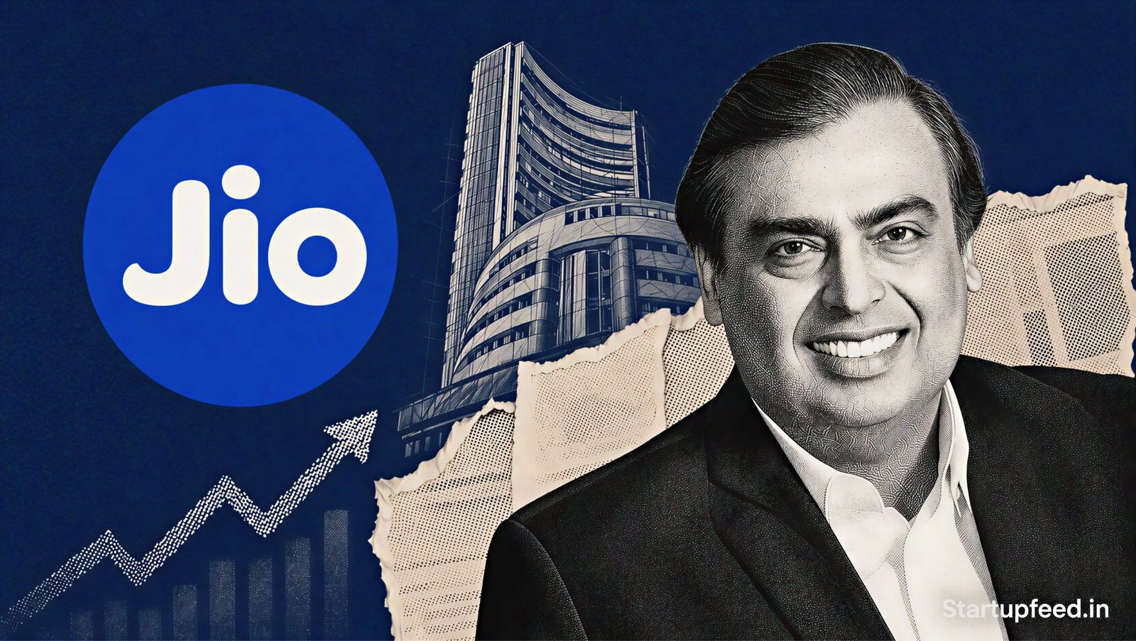Mukesh Ambani beside the Jio logo as the Jio IPO DRHP signals a 27 crore-share fresh issue