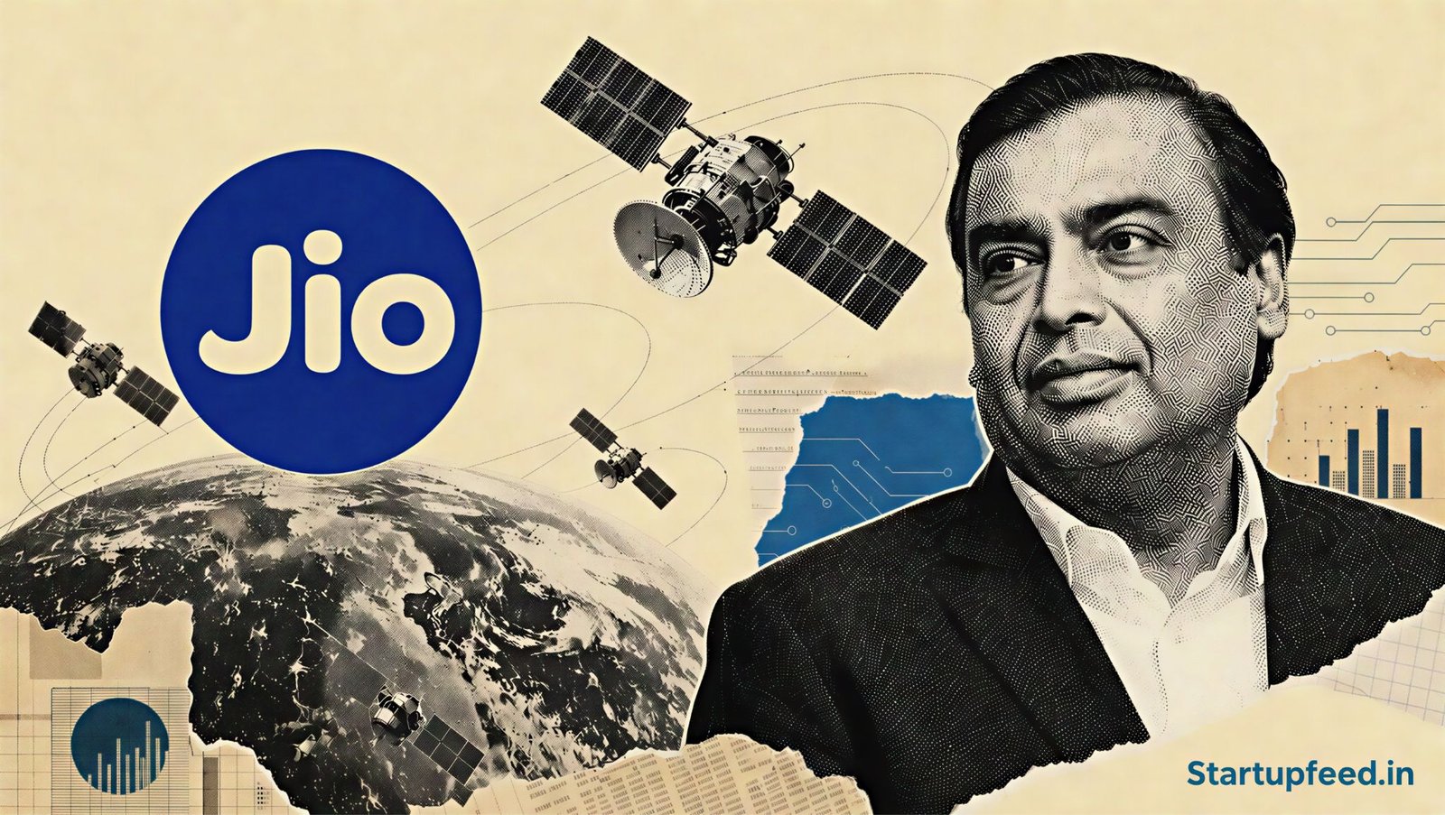 Mukesh Ambani beside the Jio logo as Jio LEO satellites orbit Earth in a halftone space-tech collage