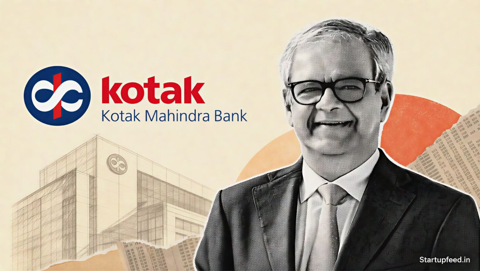 Kotak Mahindra CEO Vaswani in a halftone portrait beside the bank logo during its 2026 leadership transition