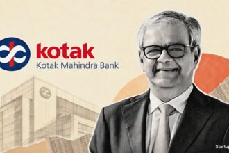 Kotak Mahindra CEO Vaswani in a halftone portrait beside the bank logo during its 2026 leadership transition