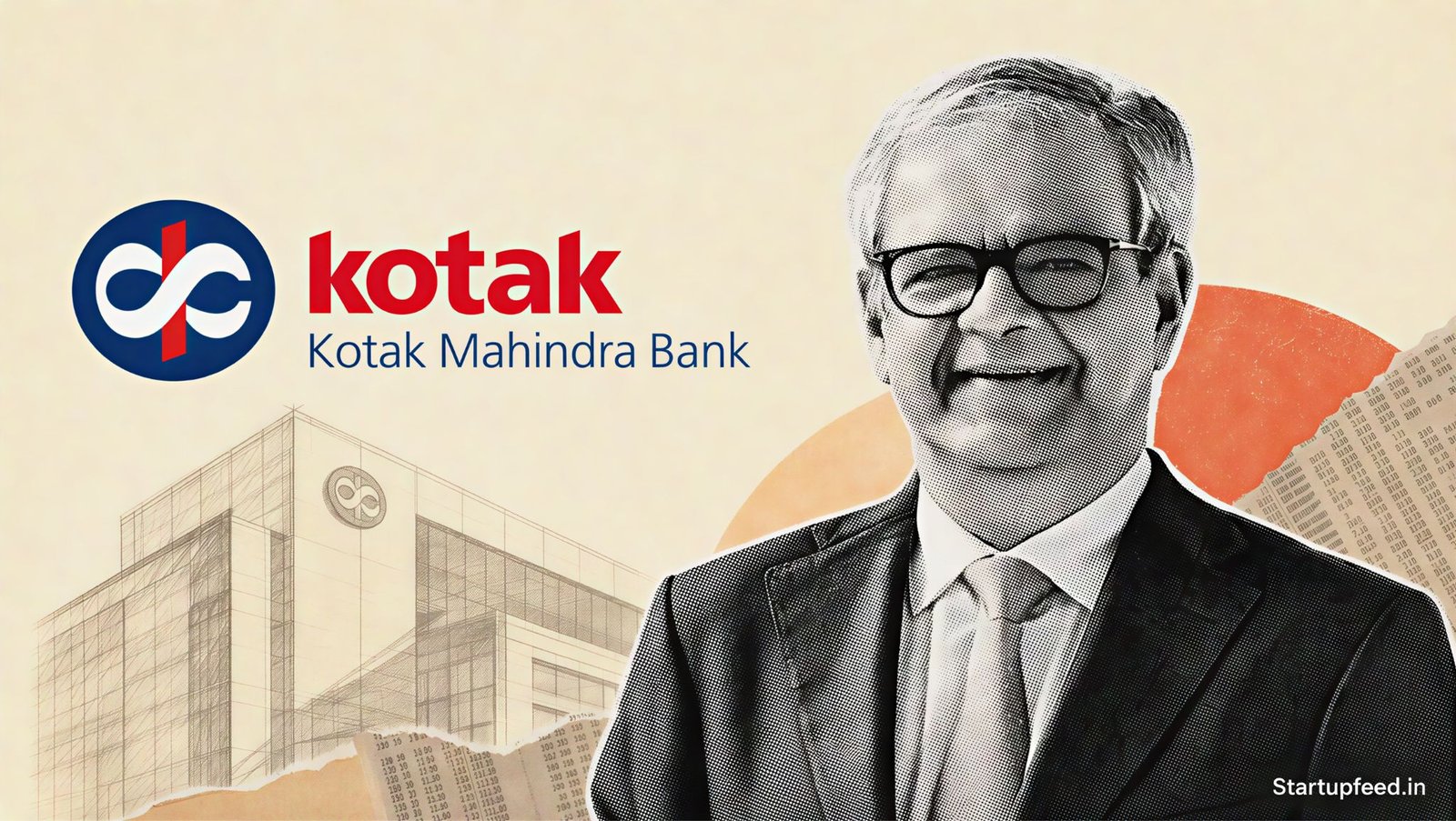 Kotak Mahindra CEO Vaswani in a halftone portrait beside the bank logo during its 2026 leadership transition