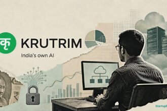 Krutrim AI cloud pivot scene with logo, generic founder desk silhouette, Rs 300 Cr FY26 profitability context
