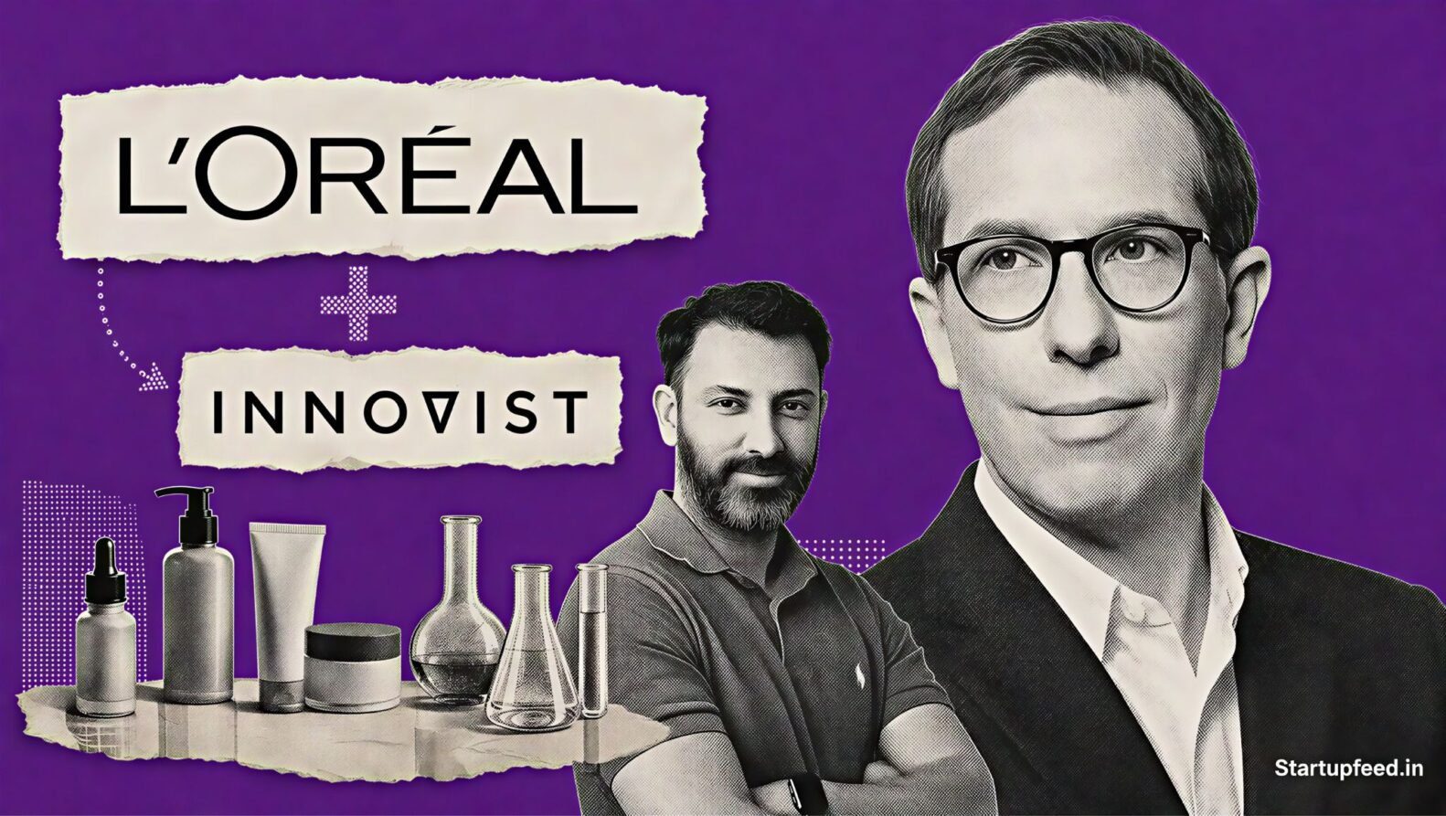 L'Oreal Bags Innovist in a purple halftone collage featuring CEO Nicolas Hieronimus and both company logos