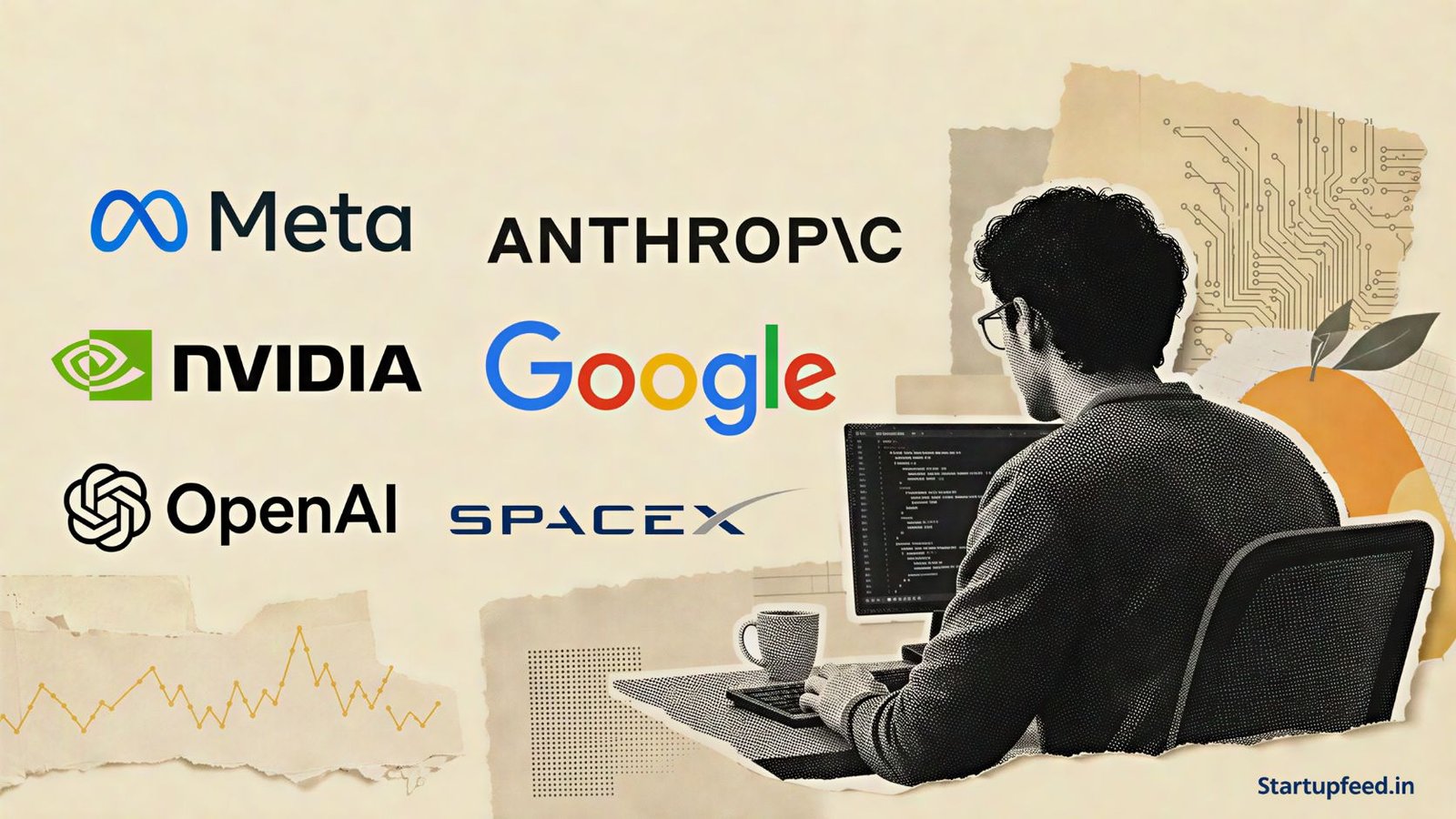 MANGOES Dream Job editorial collage featuring Meta, Anthropic, Nvidia, Google, OpenAI and SpaceX logos replacing the FAANG era