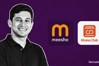 Meesho Kirana Club acquisition visual with Vidit Aatrey, both company logos, and a Rs 202 Cr deal motif