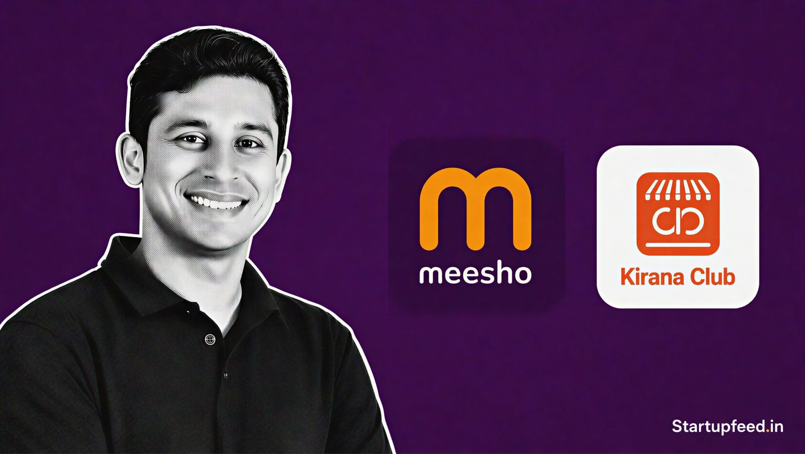 Meesho Kirana Club acquisition visual with Vidit Aatrey, both company logos, and a Rs 202 Cr deal motif