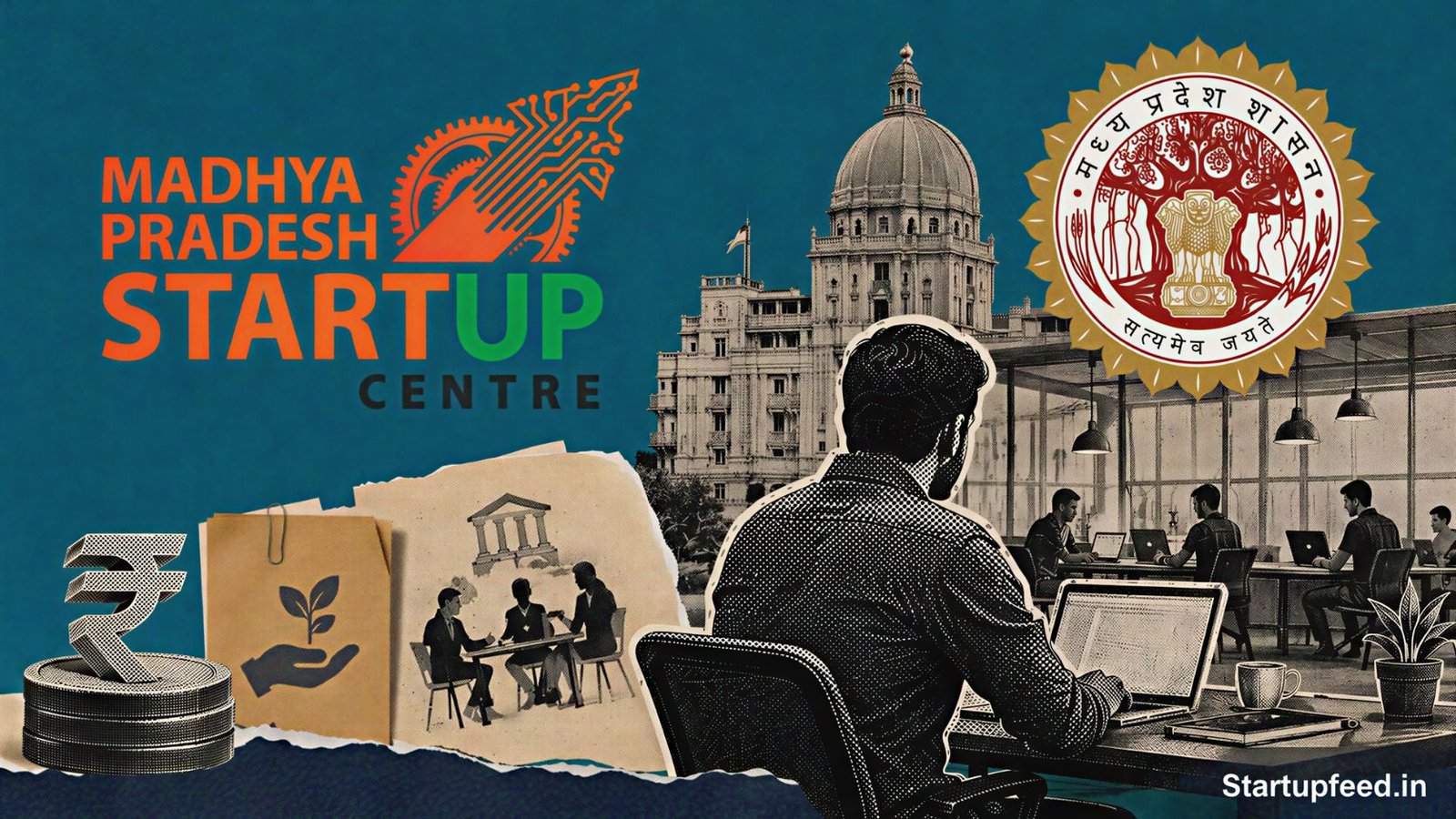 MP Startup Policy 2022 editorial collage with Startup MP logo, Madhya Pradesh emblem and founder grant visuals