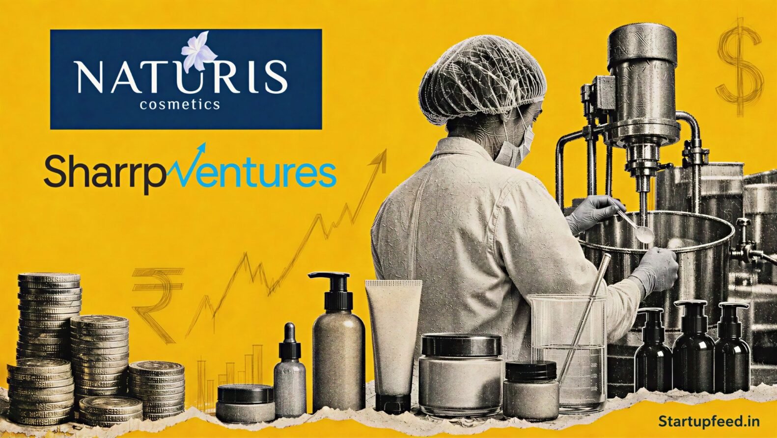 Naturis Cosmetics funding scene with official company and Sharrp Ventures logos, cosmetic manufacturing silhouettes and stacked investment coins