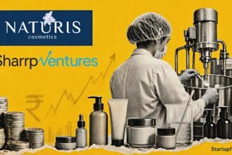 Naturis Cosmetics funding scene with official company and Sharrp Ventures logos, cosmetic manufacturing silhouettes and stacked investment coins