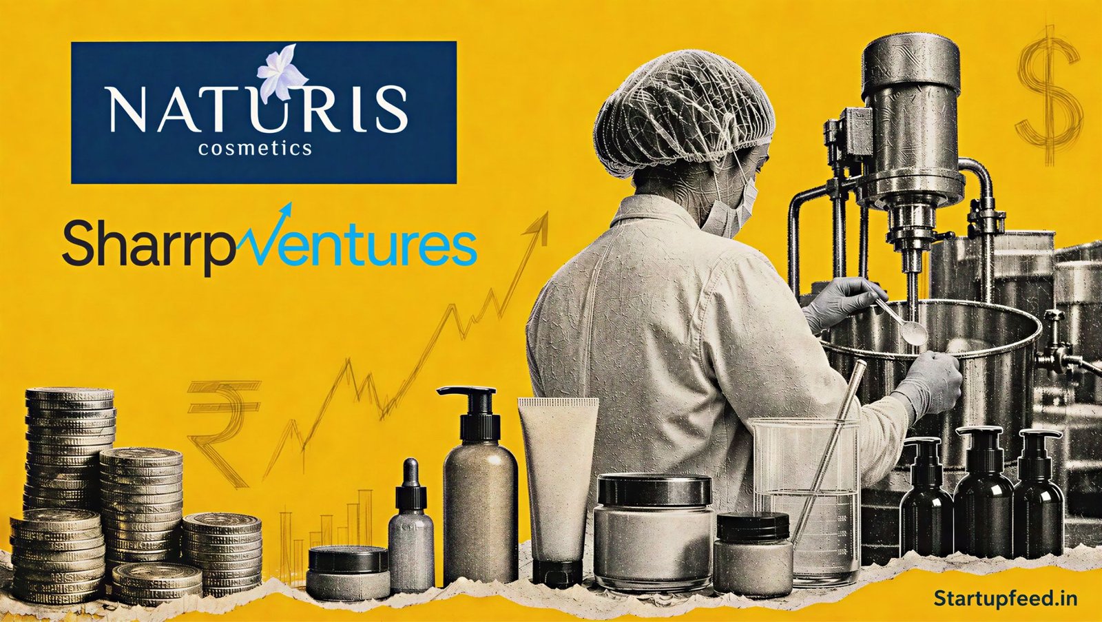 Naturis Cosmetics funding scene with official company and Sharrp Ventures logos, cosmetic manufacturing silhouettes and stacked investment coins