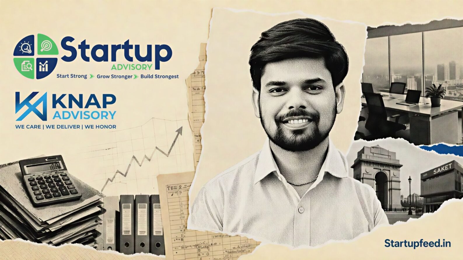 Neeraj Rohilla founder story with Startup Advisory logo and Saket CA firm collage